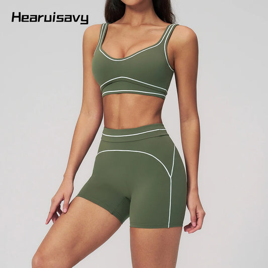 Hearuisavy Summer Yoga Set 2Pcs Women High Support Push Up Sports Top Butt-Lifting Fitness Pants Outdoor Cycling Sports Bra Suit