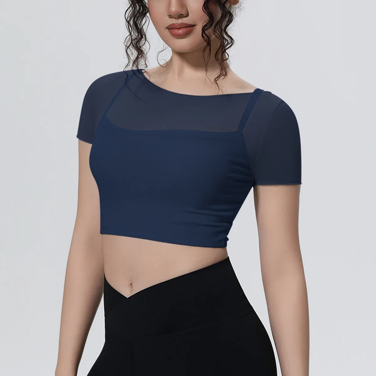 Hearuisavy Women's Mesh Short Sleeve Yoga Top With Padded Bra Fake Two Piece Gym Clothing Quick Dry Sports Crop Top Fitness Top