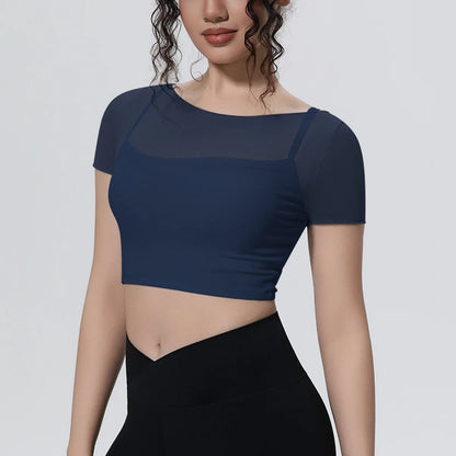 Hearuisavy Women's Mesh Short Sleeve Yoga Top With Padded Bra Fake Two Piece Gym Clothing Quick Dry Sports Crop Top Fitness Top