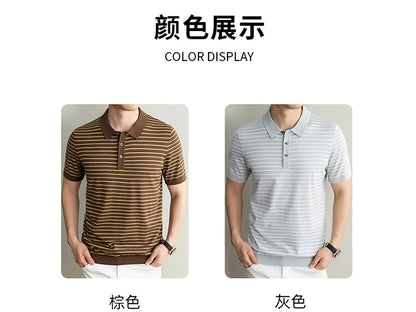 Men's Lyocell shirt summer new casual striped short sleeved T-shirt Polo collar breathable comfortable knitted pullover