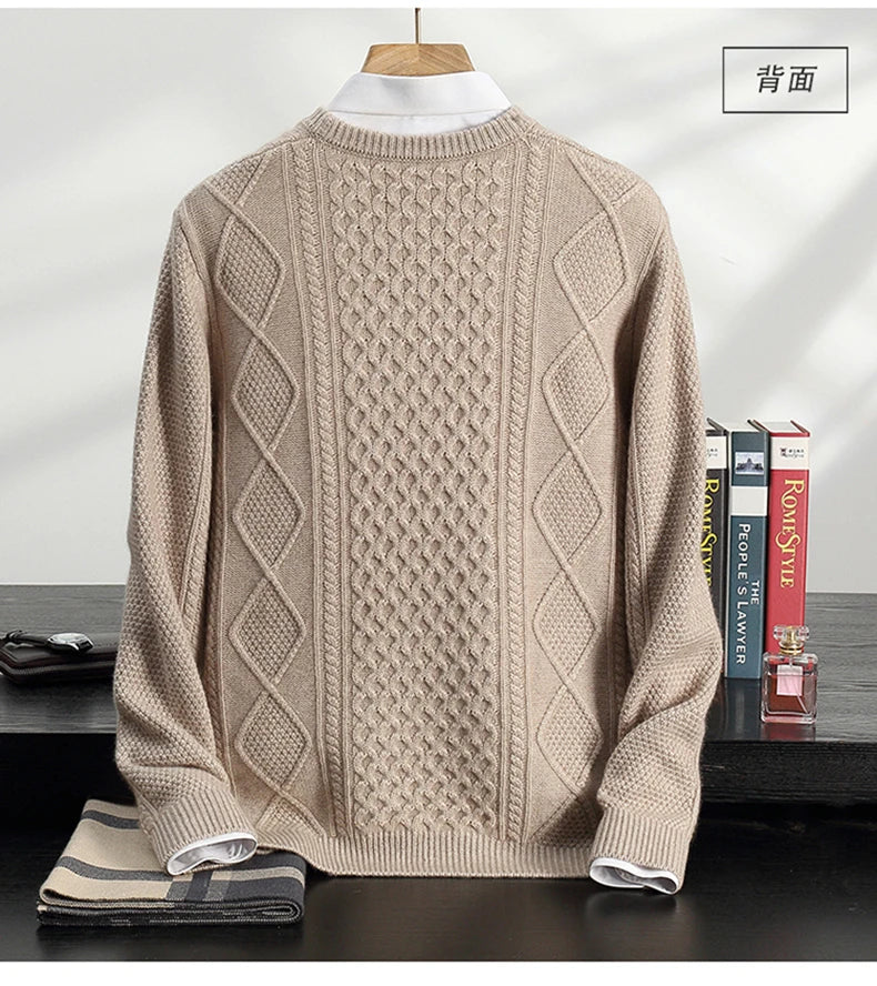 Men's 100% Cashmere Sweater Round Neck Autumn Winter Warm Clothing Jacquard Checkered Pullover Sweater Knitted Bottom Shirt Tops