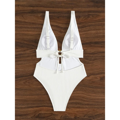 Sexy 8 Colors Deep V Neck Cut Out One Piece Swimsuit Women Swimwear Female High Leg Cut Monokini Bather Bathing Suit Swim V7177