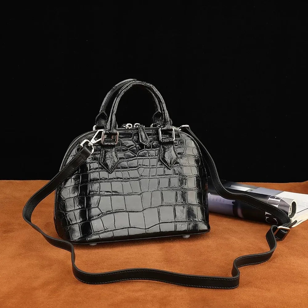 Genuine Crocodile Leather Women's Fashion Handbag, Real Crocodile Leather Zipper Shell Shoulder Bag, Crossbody Bag