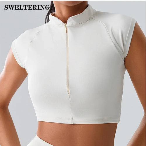 Zipper Sports Crop Top Women Short Sleeve Yoga Top Shirts Light Weight Gym Push Up Top Sports Shirt Running Workout Crop Tops