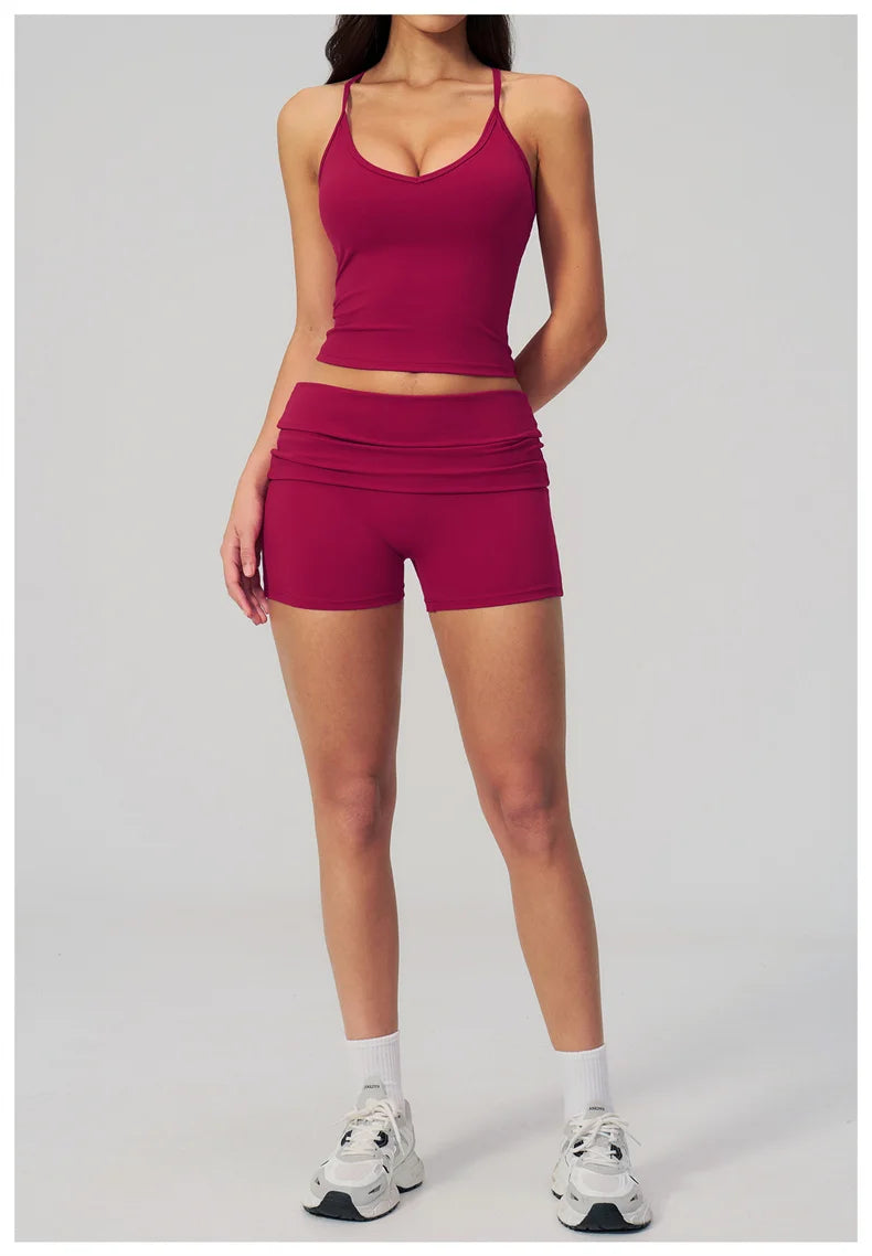 TRY TO BN Two Pieces Women's Tracksuit Vest Sling Top Set Fold-over Waist Yoga Shorts Hip Lifting Running Fitness Gym Activewear