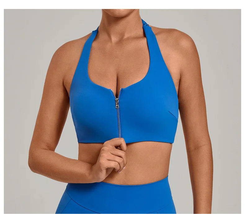 TRY TO BN Yoga Sports Bra Women's Zipper Halter Neck Naked Feeling Backless Underwear Fitness Tops Workout Running Gym Clothing