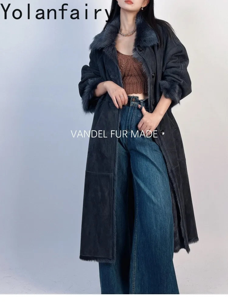 YOLANFAIRY Real Goatskin Leather Fur Coats for Women Winter High-end Natural Fur Coat Lazy Style Long Leather Jacket Luxury Wear