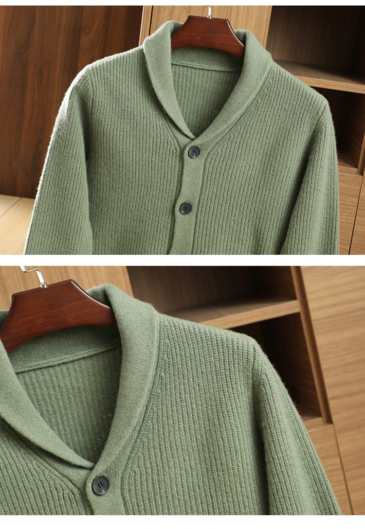 Men High Quality Polo Collar Cardigan Autumn Winter Thick Buttons 100% Merino Wool Sweater Smart Casual Coat Cashmere Knitwear