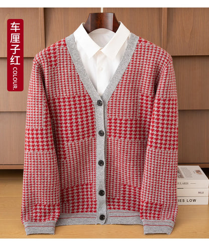 Men's V-Neck Cardigan Business Casual Jacquard Thickened Jacket 100% Merino Wool Knit Coat Autumn Winter Warmth Men's Clothing