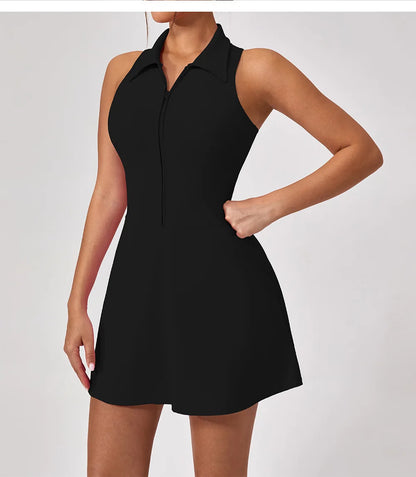 Women's Tennis Dress Women Turn Down Collar Front Zipper 2-in-1 Golf Sports Tight Dress Fitness Workout Running Pocket Skort
