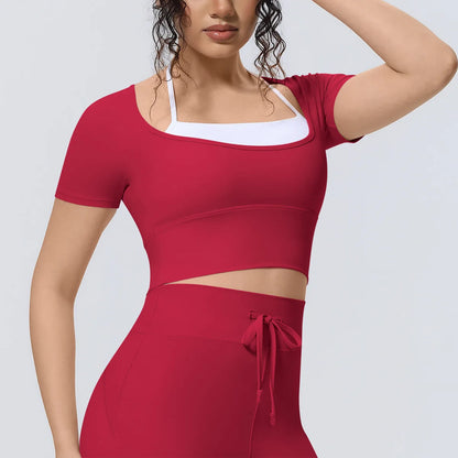 Yoga Sexy Dance Clothes High Elastic Sports T-shirt Women Fitness Top Short Sleeves Running Shirts Gym Push Up Workout Top Tee