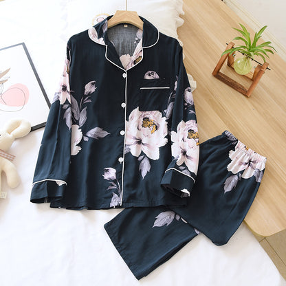 Spring and summer new 100% viscose pajamas two-piece long-sleeved trousers women's flowers comfortable plus size homewear suit