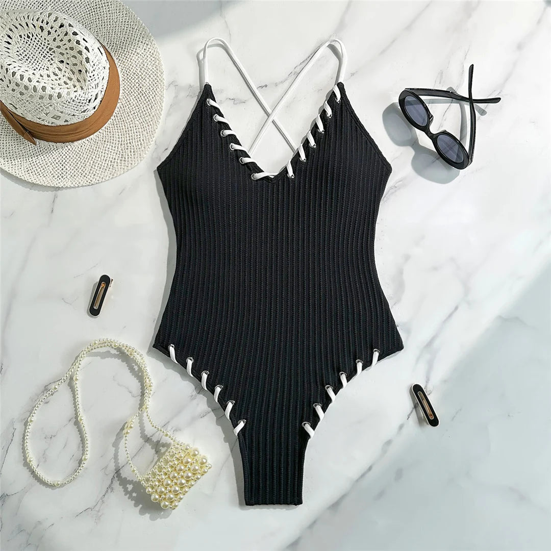 5 Colors V Neck Ribbed Cross Back One Piece Swimsuit Women Swimwear Female High Leg Cut Monokini  Bather Bathing Suit Swim V6278