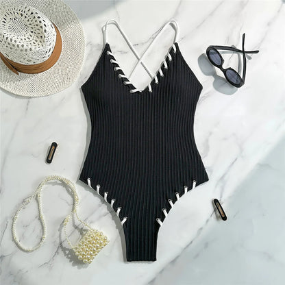 5 Colors V Neck Ribbed Cross Back One Piece Swimsuit Women Swimwear Female High Leg Cut Monokini  Bather Bathing Suit Swim V6278