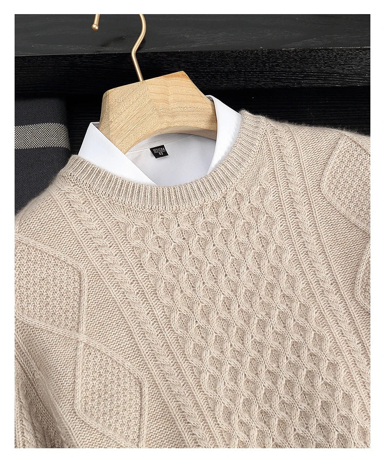 Men's 100% Cashmere Sweater Round Neck Autumn Winter Warm Clothing Jacquard Checkered Pullover Sweater Knitted Bottom Shirt Tops