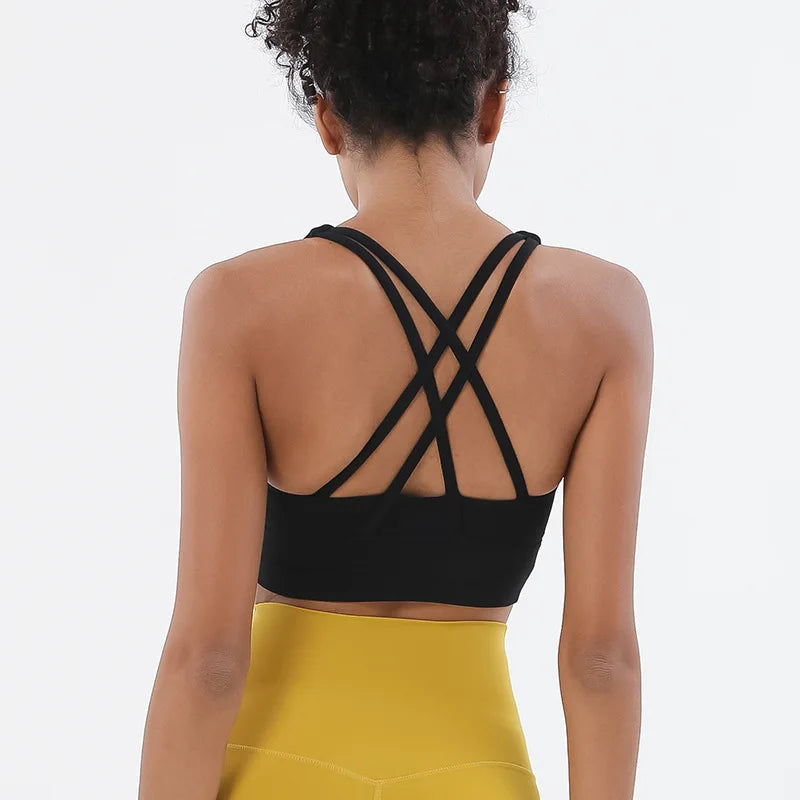 SOISOU Top Women Bra Cropped Bralette Gym Yoga Sports Bra Cross Sexy Back Female Bra Breathable Top Women's Underwear 25 Colors