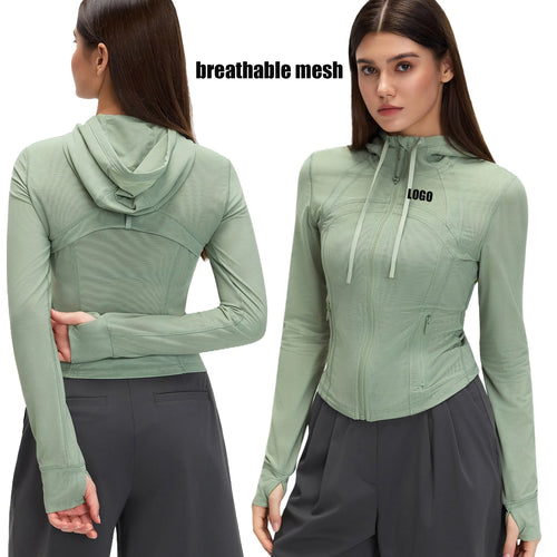 Custom LOGO Women's Spring Autumn Mesh Breathable Yoga Suit Sports Riding Quick Drying Running Fitness Belt Pocket Jacket Top