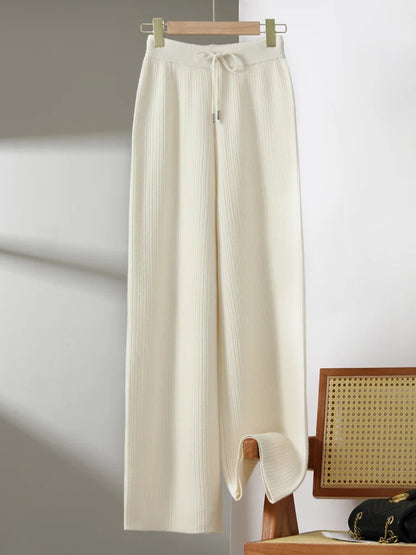 CHICUU Women Thick Wide Leg Pants 100% Merino Wool Knitted Trousers Autumn Winter Striped Jacquard Cashmere Pants Simple Style