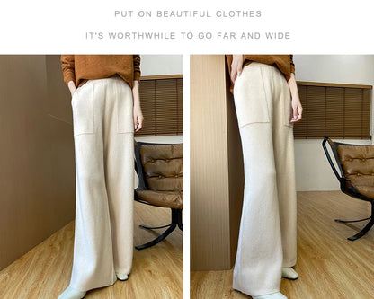 DjzDsm Women's Autumn Spring Knitted Floor-Length Wide Leg Pants 100% Merino Wool Long Trousers