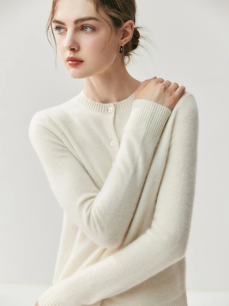 CHICUU Autumn Winter Women Thick O-neck Cardigan Basic Simple 100% Cashmere Sweater Solid Long Sleeve Cardigan Coat Knitwear