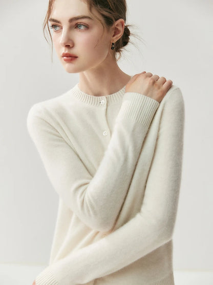 CHICUU Autumn Winter Women Thick O-neck Cardigan Basic Simple 100% Cashmere Sweater Solid Long Sleeve Cardigan Coat Knitwear
