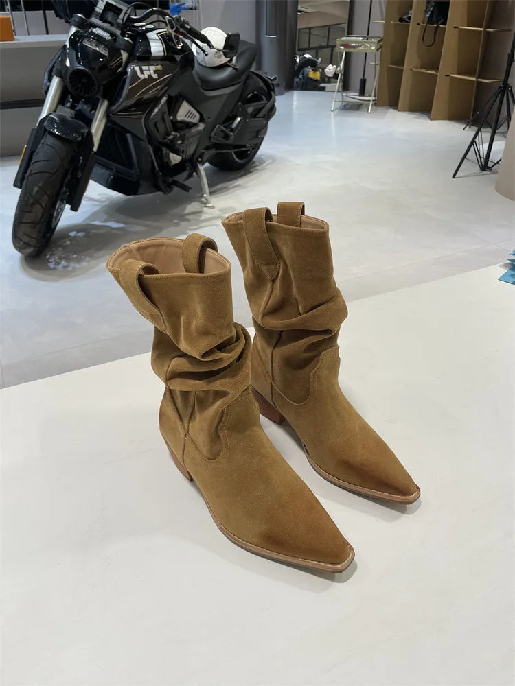 New Fashion Western Cowboy Boots Pointed Pleated V-mouth Thick Heel Medium Tube Short Boots