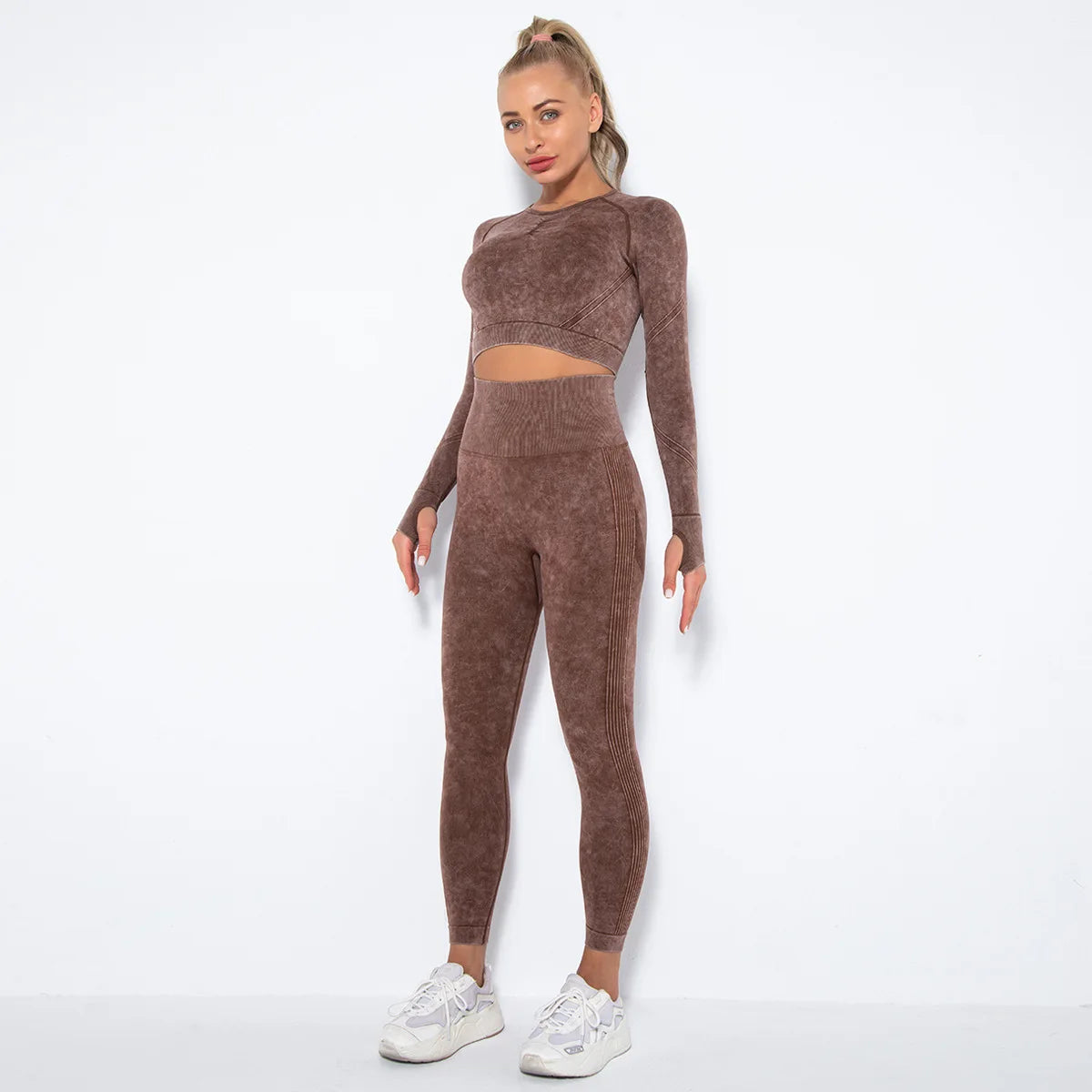 Women Seamless Tracksuit Yoga Set 2PCS Workout Clothes Athletic Wear Gym Legging Fitness Bra Crop Top Long Sleeve Sports Suits