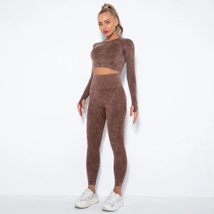 Women Seamless Tracksuit Yoga Set 2PCS Workout Clothes Athletic Wear Gym Legging Fitness Bra Crop Top Long Sleeve Sports Suits
