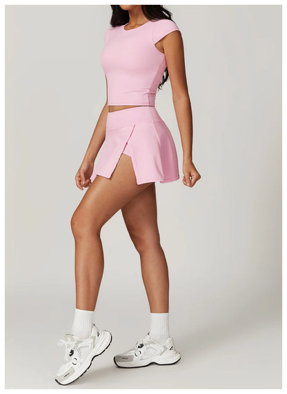 Custom LOGO women's beautiful back tight yoga set quick-drying high waist hip lift running fitness sports skirt 2-piece set