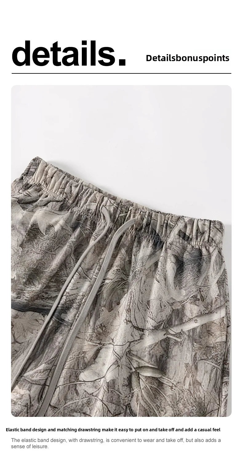 Custom LOGO men's summer camouflage splicing 240G quick-drying cotton polyester short-sleeved T-shirt loose sports shorts set