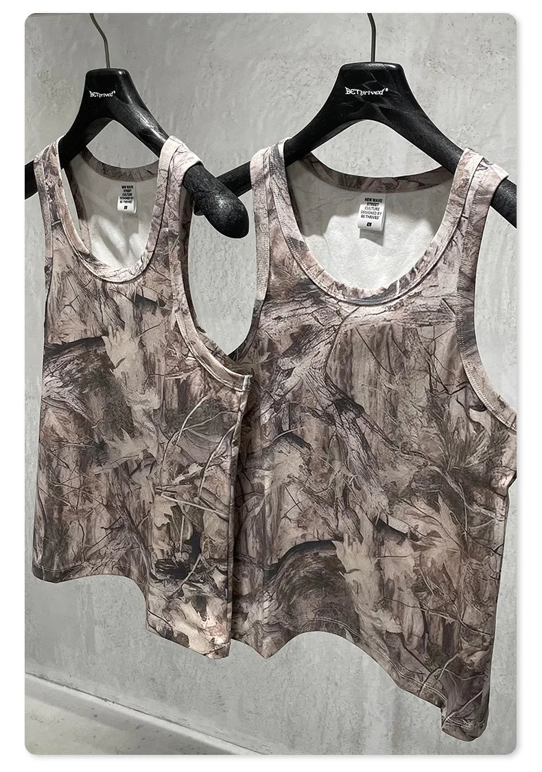 Custom LOGO men's 315G cotton polyester summer American street camouflage loose sports vest shorts outdoor fitness set