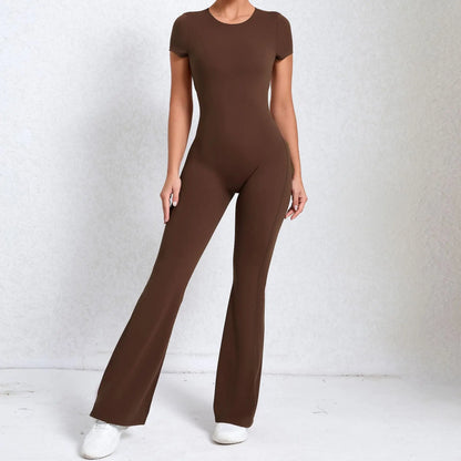 Women's Tracksuit Yoga Set Backless Jumpsuits Back V One Piece Fitness Rompers Short Sleeves Sportswear Gym Set Workout Clothes