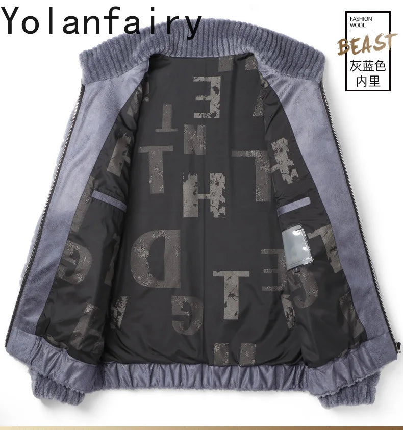 YOLANFAIRY Winter 100% Sheep Shearing Jacket Man Clothing Fashion Stand Collar Granular Lamb Fur Coat Men's Jackets chaqueta