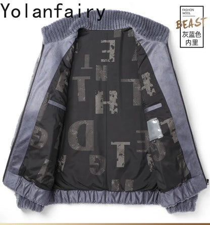 YOLANFAIRY Winter 100% Sheep Shearing Jacket Man Clothing Fashion Stand Collar Granular Lamb Fur Coat Men's Jackets chaqueta