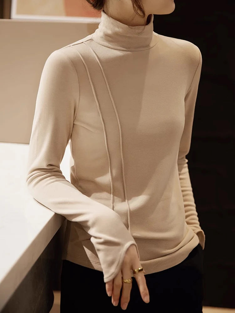 SuyaDream Women's Wool Blend Turtleneck Thermal T-Shirt, High Collar Basic Slim Tee, 2025 Fall Winter Simple Top