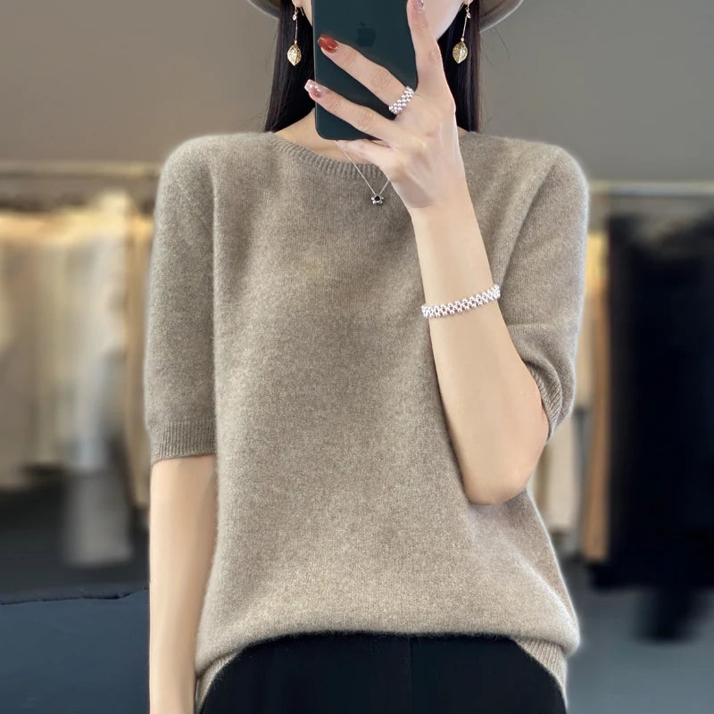 100% Merino wool women's O neck knitted T-shirt Korean pullover short sleeve sweater women's basic solid color half sleeve women