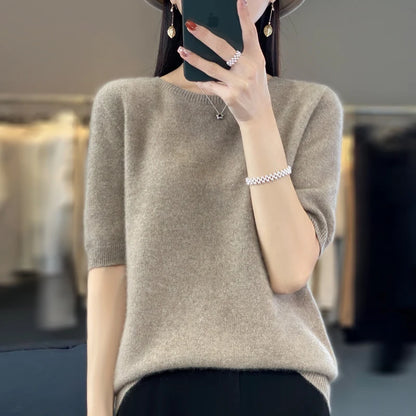 100% Merino wool women's O neck knitted T-shirt Korean pullover short sleeve sweater women's basic solid color half sleeve women