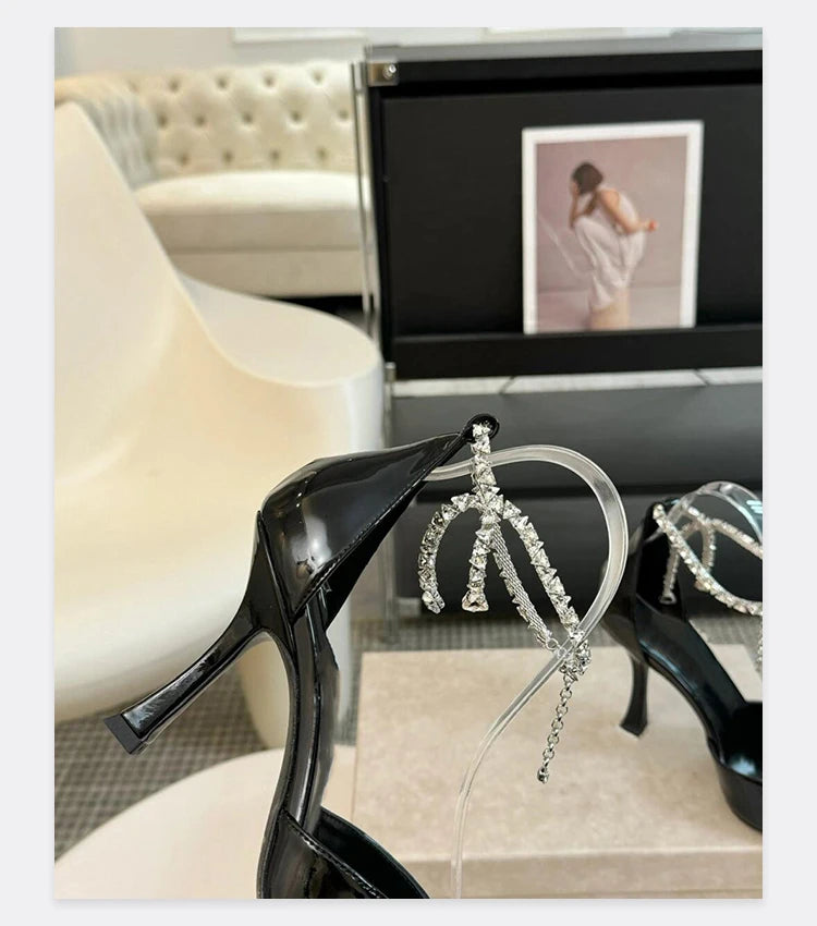 2025 Spring/Summer New Sexy and Versatile Hollow Pointed Shallow Mouth Fine Heel Chain Diamond High Heel Sandals for Women