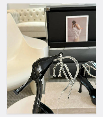 2025 Spring/Summer New Sexy and Versatile Hollow Pointed Shallow Mouth Fine Heel Chain Diamond High Heel Sandals for Women