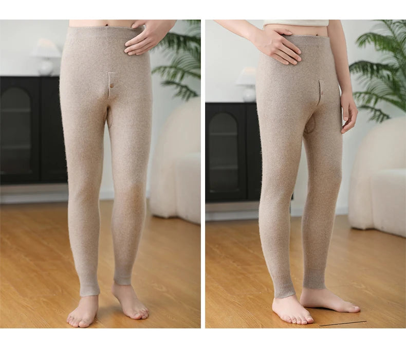 100% Cashmere Knit Leggings Men Winter Wearing Thermal Underwear High Waist Trousers Solid Thicken Elasticity Ankle-Length Pants