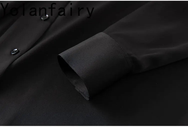 YOLANFAIRY 93% Real Mulberry Silk Shirts for Women Spring 2026 Elegant Solid Long Sleeve Shirt Woman Top Ribbon OL Blouses Trend