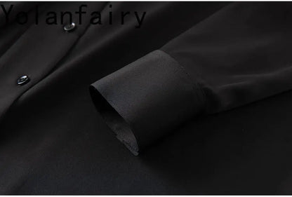 YOLANFAIRY 93% Real Mulberry Silk Shirts for Women Spring 2026 Elegant Solid Long Sleeve Shirt Woman Top Ribbon OL Blouses Trend
