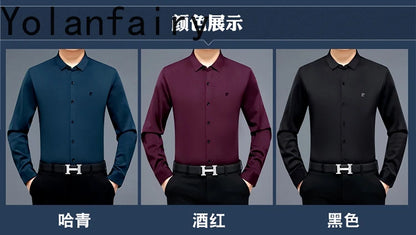 YOLANFAIRY 100% Mulberry Silk Long Sleeve Shirt Man Spring Autumn Casual Silk Mens Shirts Warm Male White Shirt chemises hommes