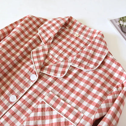 2026 New Japanese Spring and Autumn Couple Pajama Set 100% Cotton Men's and Women's Plaid Long Sleeve Two Piece Home Furnishing