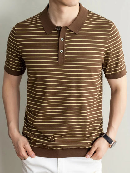 Men's Lyocell shirt summer new casual striped short sleeved T-shirt Polo collar breathable comfortable knitted pullover