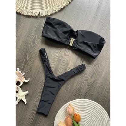 Wrinkled Bandeau High Cut Mini Thong Bikini Female Swimsuit Women Swimwear Two-pieces Bikini set Bather Bathing Suit Swim V6085