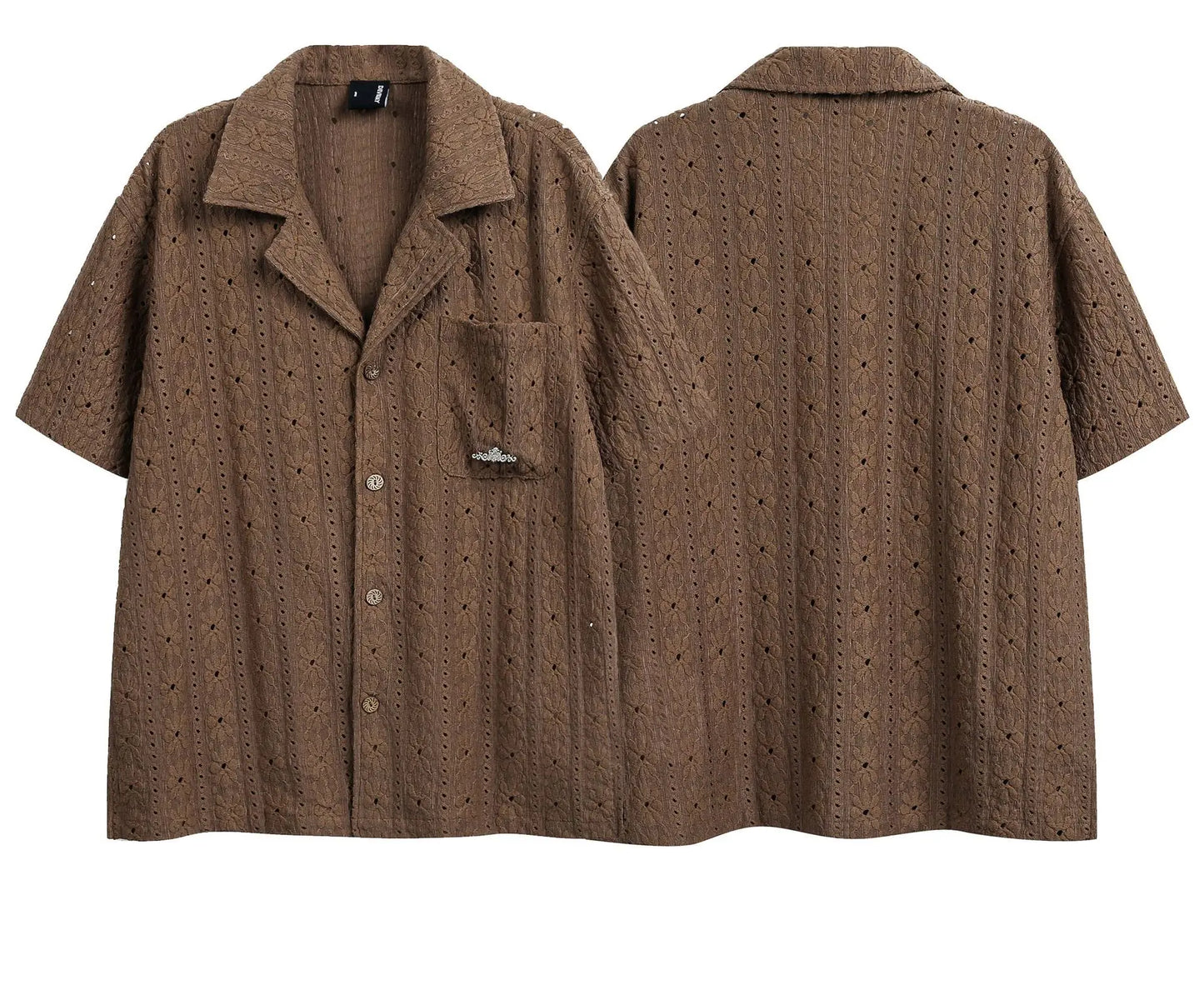 2026 New Hawaiian Vacation Style Maillard Jacquard Hollow Out Cuban Collar Short Sleeved Shirt Loose Five Quarter Sleeved Shirt