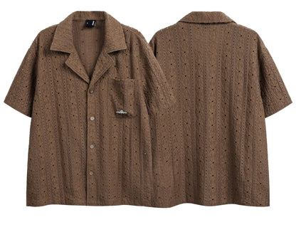 2026 New Hawaiian Vacation Style Maillard Jacquard Hollow Out Cuban Collar Short Sleeved Shirt Loose Five Quarter Sleeved Shirt