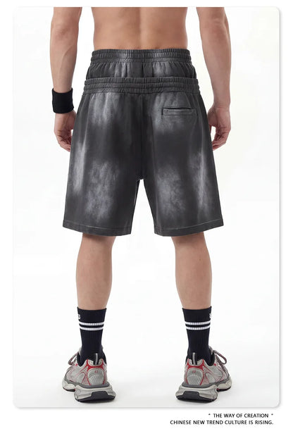 Custom LOGO men's 320G heavy 100% washed and old double waist high waist medium pants loose casual sports five-point shorts