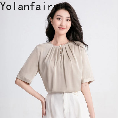 YOLANFAIRY 100% Natural Mulberry Silk T Shirts Woman Clothing 2026 Summer Loose Fashion T Shirt Elegant Womens Tops Short Sleeve